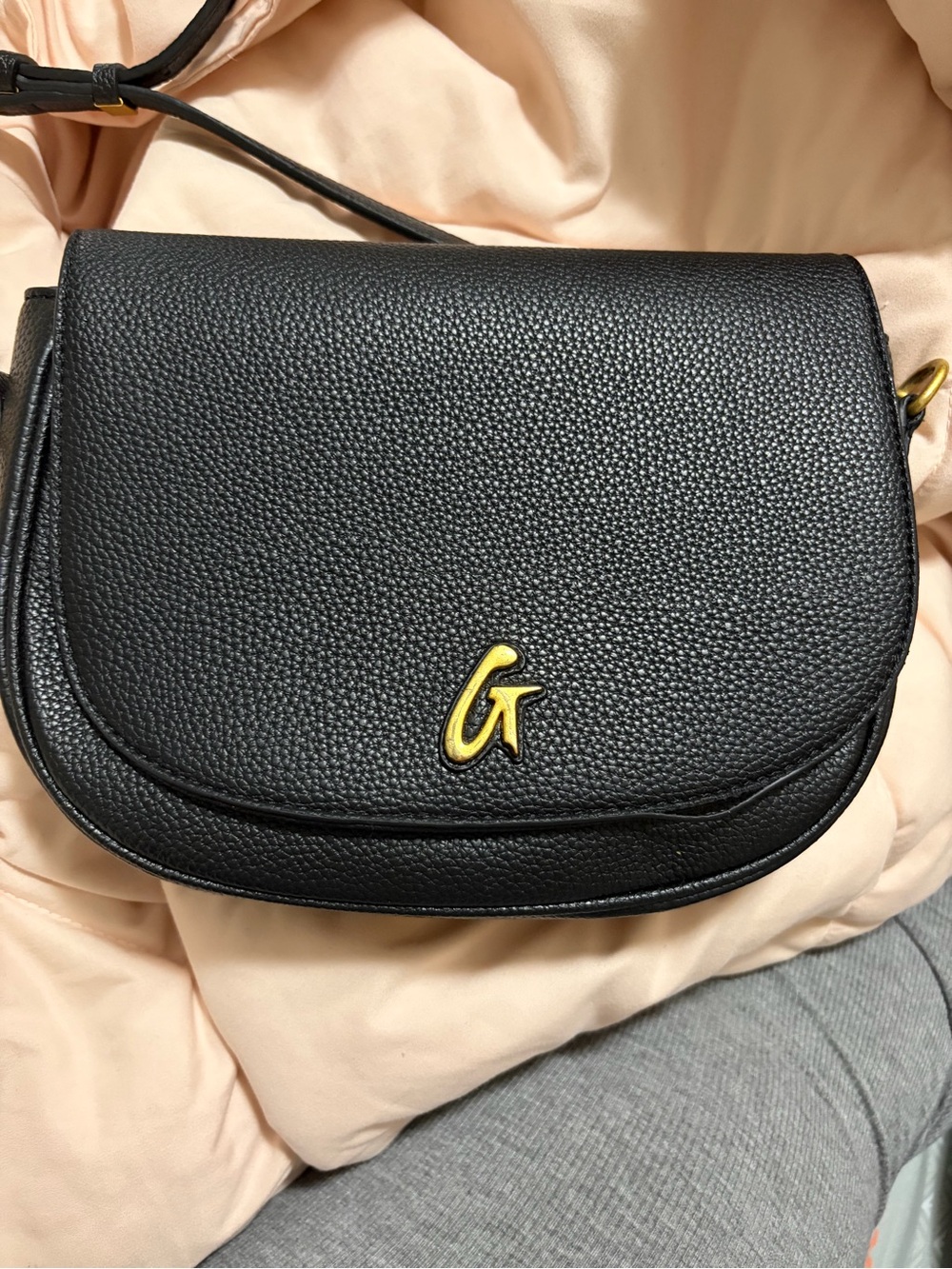 Black Pebbled Leather Crossbody with Gold 'G' Accent